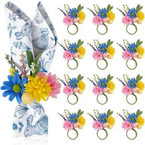 12 PCS Easter Floral Napkin Rings Eggs and Wildflowers Napkin Holders Spring Table Decor for Easter Brunch, Wedding, Party, Dinner Table Settings