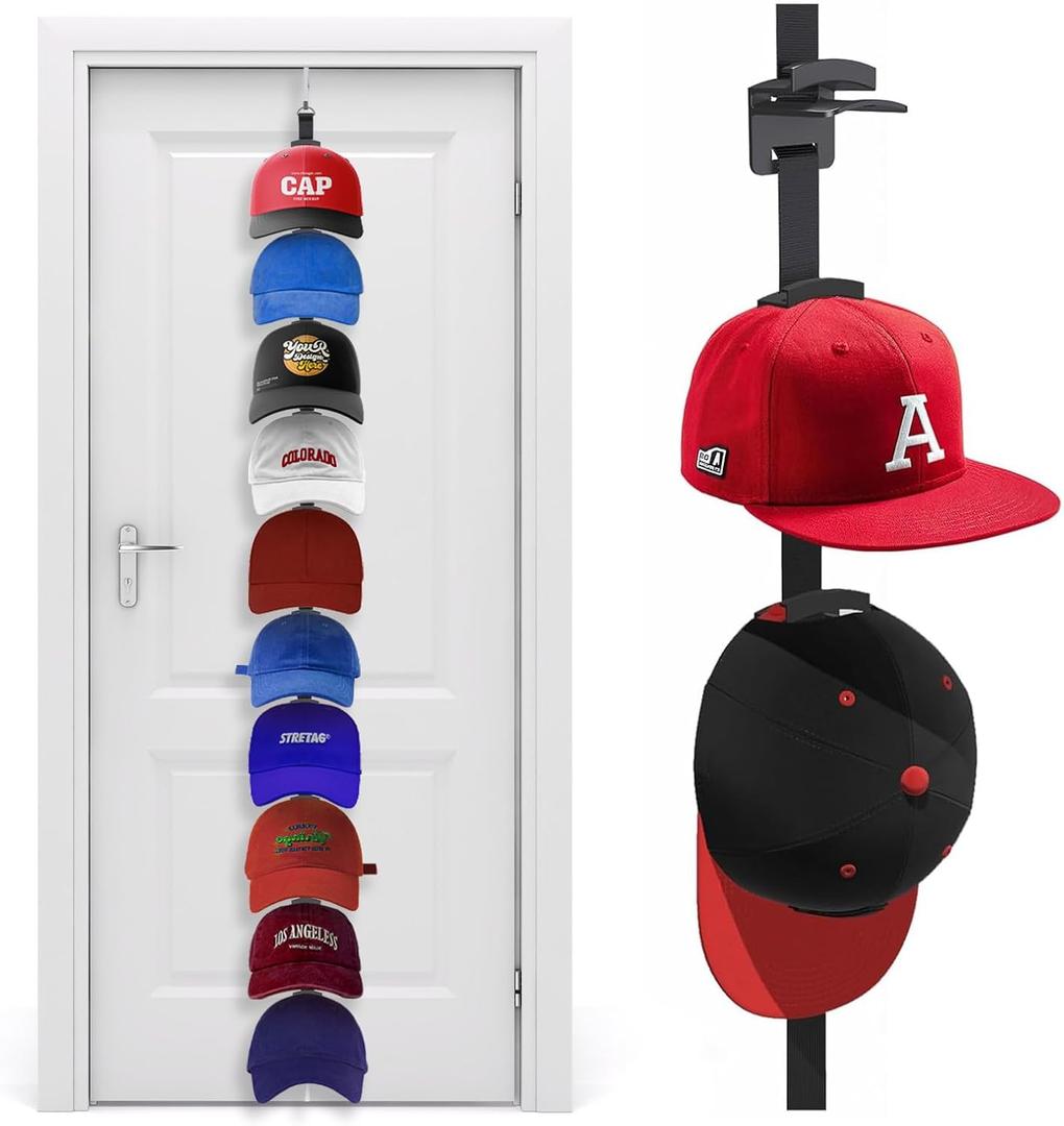 Hat Organizer for Baseball Caps, Over the Door Hat Rack with 10 Display Hooks and Hanger, 2-Way Hanging Hat Storage and Hat Holder for Bedroom, Entryway or Garage Doors 1 Pack
