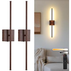 Battery Operated Wall Sconces Set of Two, 11000mAh LED Wireless Faux Walnut Finish Wall Lights with Remote, 350Rotate Dimmable Wall Lamp, 3 Color Temperatures, for Bedroom, Living Room, Hallway