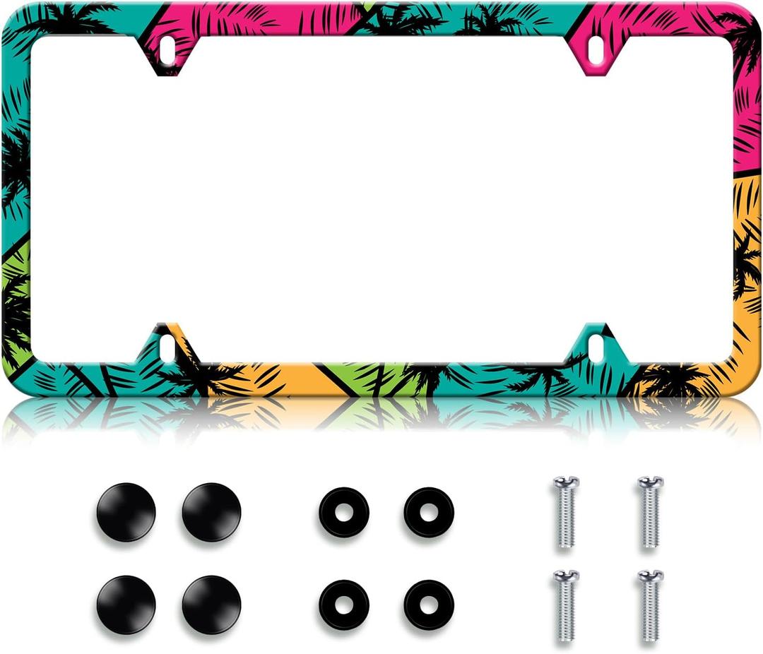 Palm License Plate Frame - Colorful Palm License Plate Holder, Rust-Proof Auto Stainless Steel Parts License Plate Cover Decoration for Standard Us 12x6 Inch