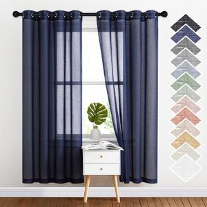 NICETOWN Natural Open Linen Weave Flax Textured Sheer Window Curtains, Medium Long Privacy Semi-Transparent Sheer Panels for Farmhouse / Bedroom, Total 2 Panels, Dark Blue,W52 x L72
