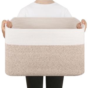 SIXDOVE Blanket Basket, Cotton Rope Woven Storage Basket for Living Room, Toy Bin for Kids, Nursery, Baby Room Decorative Organizer, 18''×14''×12'', Brown & White (50L)