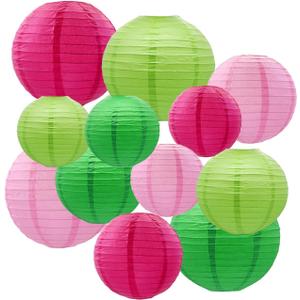 CC wonderland zone 12pcs Hot Pink and Green Paper Lanterns, Hanging Paper Lanterns for Bridal Shower Rustic Boho Birthday Wedding Home Decor Party Decoration