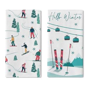 Croar Hello Winter Skiing Sport Kitchen Dish Towels Set of 2, Skier Snowboard Pine Tree Snow Mountain Drying Hand Towel Baking Cooking Cloth, Christmas Snowflake Bathroom Home Decoration 18'' x 26''