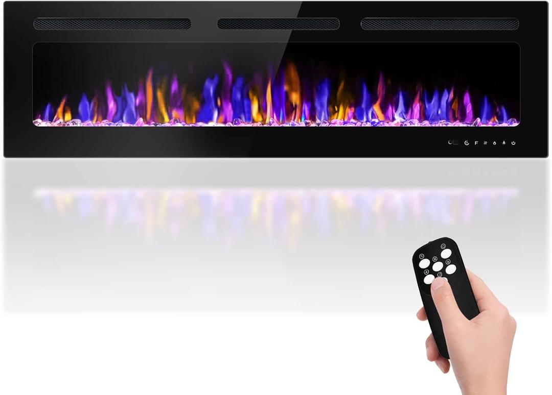 68" Electric Fireplace Wall Mounted and Recessed with Remote Control, 750/1500W Ultra-Thin Wall Fireplace Heater W/Timer Adjustable Flame Color and Brightness, Log Set & Crystal Options