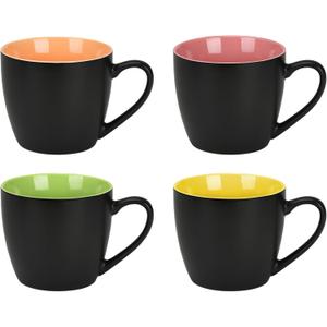 QUTREY 4 Pack Porcelain Coffee Mugs Set, 16 Ounces Ceramic Coffee Mugs, Matte Black Coffee Mug for Coffee, Latte, Tea, Cocoa, Milk, Cereal, Cappuccino, Black outside and Colorful inside