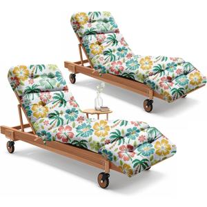 2 Pack Outdoor Chaise Lounge Chair Cushion 75.1 x 22.8 x 4.7 Inches 100% Waterproof Replacement Cotton Patio Pool Lounge Chair Cushion for Outdoor Furniture with Ties, Green Coconut Tree