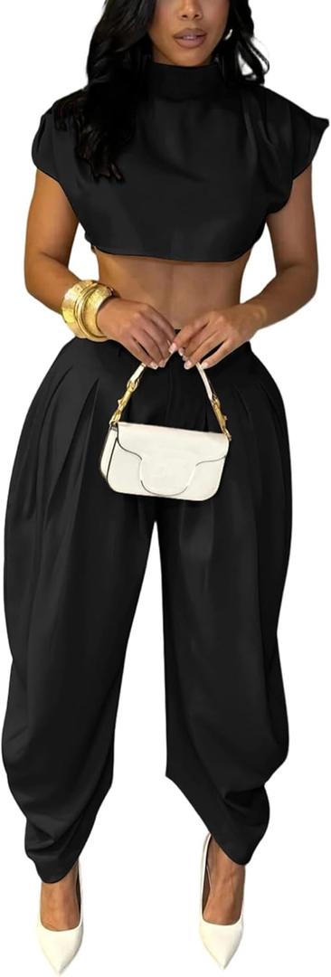 Ekaliy Casual Two Piece Sets For Women Mock Neck Short Sleeve Crop Tops and Palazzo Pants Set Summer Outfits (Black, XXL)