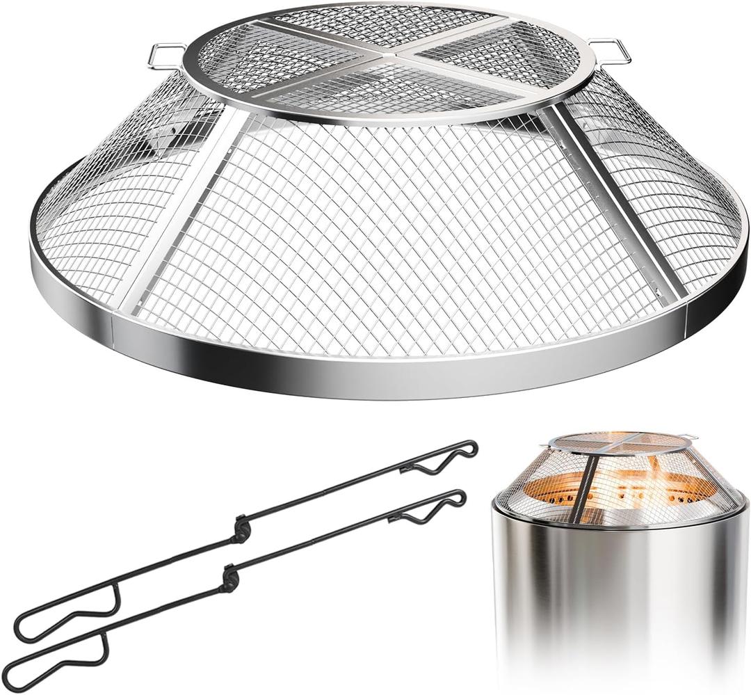 Fire Pit Spark Screen for Solo Stove Bonfire Shield 19.5 Inch, Sturdy 304 Stainless Steel Fire Pit Spark Protection, Easy-Opening Spark Cover Accessories with Removal Tools (19.5 inches) (Silver)