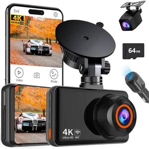 Dash Cam Front and Rear, 4K HD Dash Cam for Cars Built-in WiFi, Car Camera with Night Vision, 64GB Card, 170degreeWide Angle, WDR, 3" IPS Screen, Loop Recording, G-Sensor, 24 Hours Parking Monitor