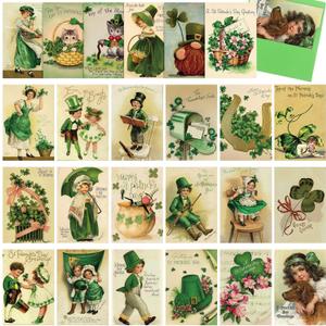 24 Pieces Vintage St. Patrick's Day Cards with Envelope Greeting Card Retro Irish Cards Assorted Clover Shamrock Cards for Party