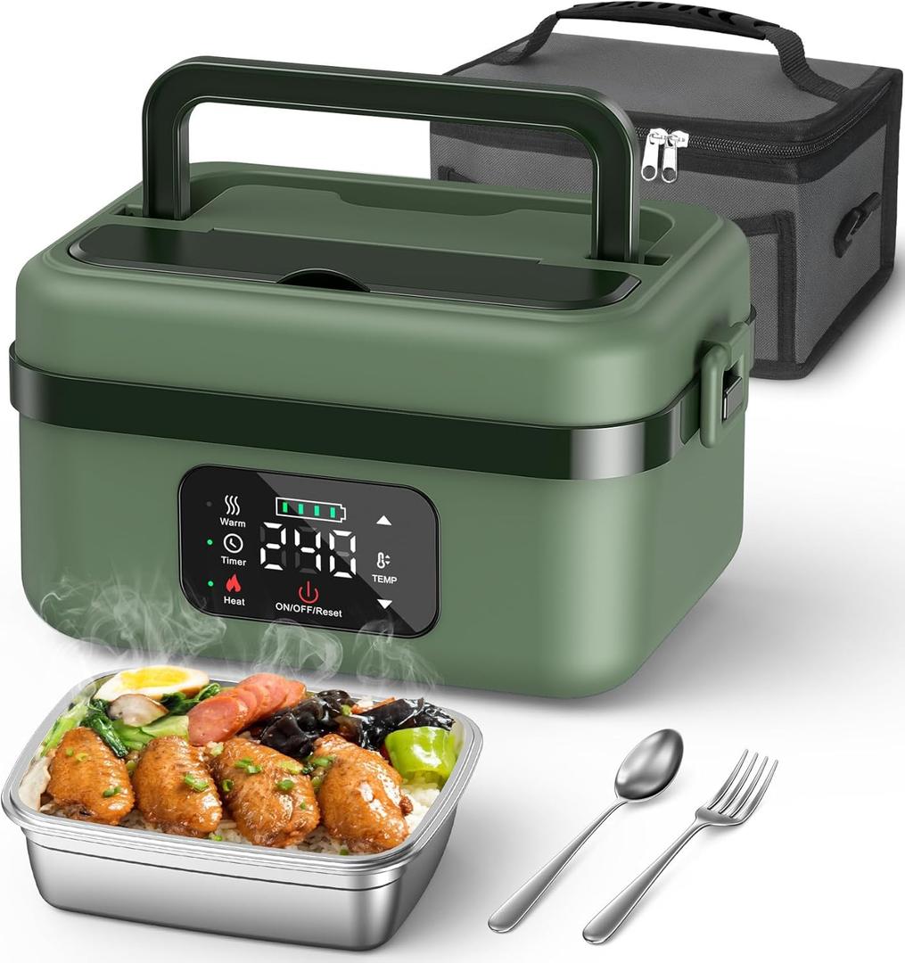 ODSD Cordless Electric Lunch Box for Adults, 16000mAh Rechargeable Self-Heating Lunch Box Food Warmer with Timer & Adjustable Heating, 34oz/1L Container with Insulated Bag for Office Car Outdoor (Green/Dark Green)