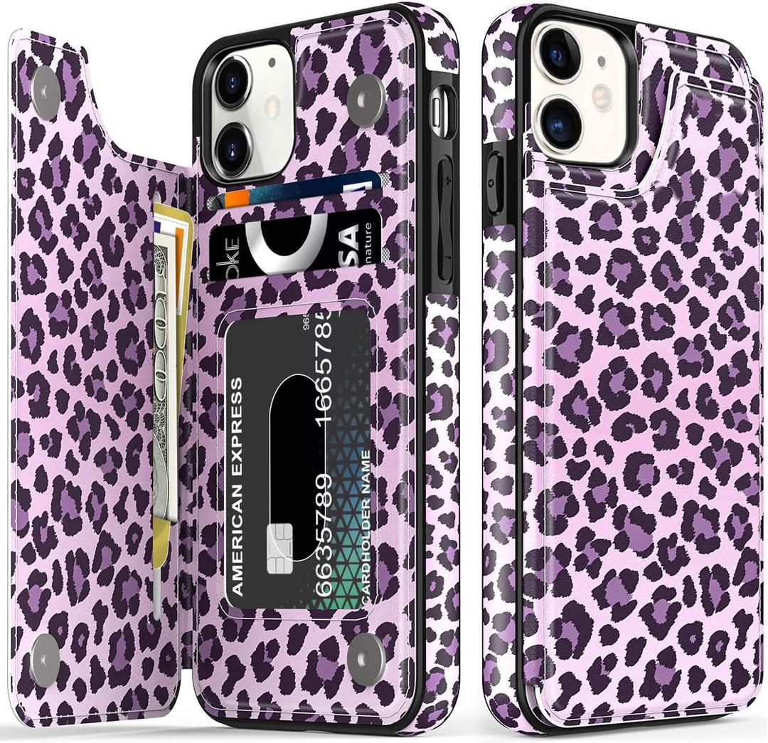 LETO for iPhone 11 Case,Leather Wallet Case with Fashion Floral Flower Designs for Girls Women,with Kickstand Card Slots Cover,Protective Phone Case for Apple iPhone 11 6.1" Purple Leopard
