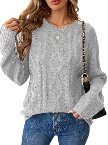 Libsorge Womens Cable Knit Crewneck Long Sleeve Pullover Sweater | Loose Fit, Drop Shoulder, Ribbed Cuff Hem, Fall, Winter, Spring, Dressy, Work, Causal, Medium