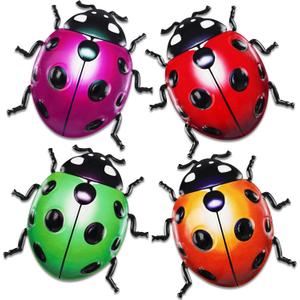 ULENDIS 4 PCS Cute Metal Ladybugs Wall Art Decor, 6.3 Inch Large Outdoor Wall Art Patio Fence Decorations, Colorful Yard Art Lawn Ornaments for Backyard Balcony