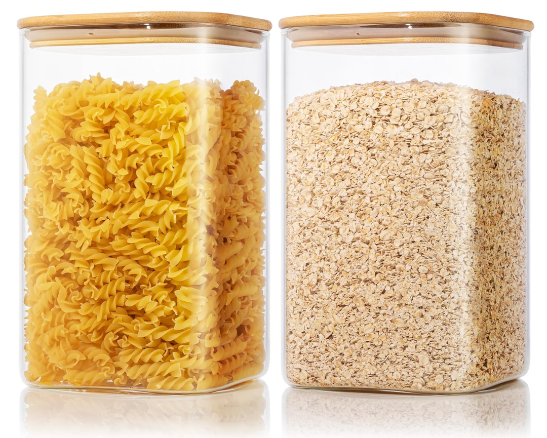Extra Large Square Glass Flour & Sugar Storage Containers with Airtight Lids, 168 floz - 2 Pack Glass Jars with Bamboo Lids for Pantry, Air tight Food Storage Containers for Cereal, Pasta, Rice