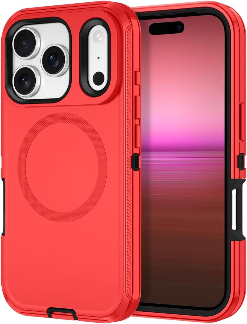I-HONVA for iPhone 17 Pro Max Case [Compatible with MagSafe] Shockproof 3-Layer Full Body Protection [Without Screen Protector] Rugged Heavy Duty Cover Case for Apple iPhone 17 Pro Max,Red/Black