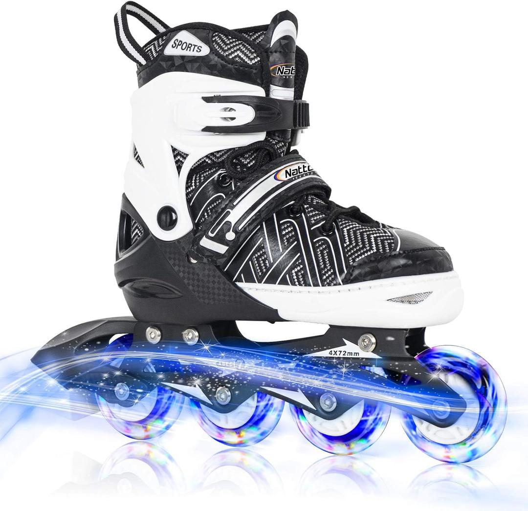 Nattork Adjustable Inline Skates for Kids Boys & Girls, Blue Black Red with Light up Wheels, Youth Blade Roller Skating for Beginners Ages 3-15 (Large(US 5-8)Youth, Black knight-1)