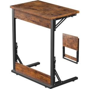 Tatub Folding TV Tray Table, 24" Wide C-Shaped End Table for Couches, Small Sofa-Side Laptop Desk with Metal Frame for Living Room, Bedroom, Rustic Brown