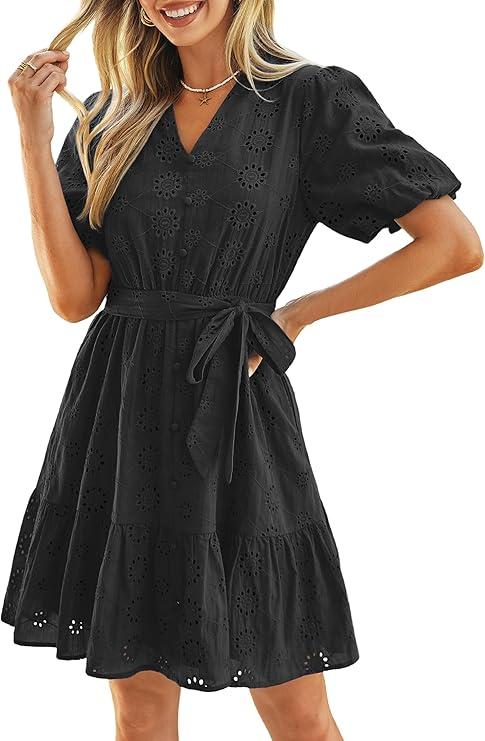 Simplee Womens 2026 Summer Mini Dress Eyelet V Neck Cotton Short Sleeve Hollow Out Belted Beach Vacation Sun Dresses M