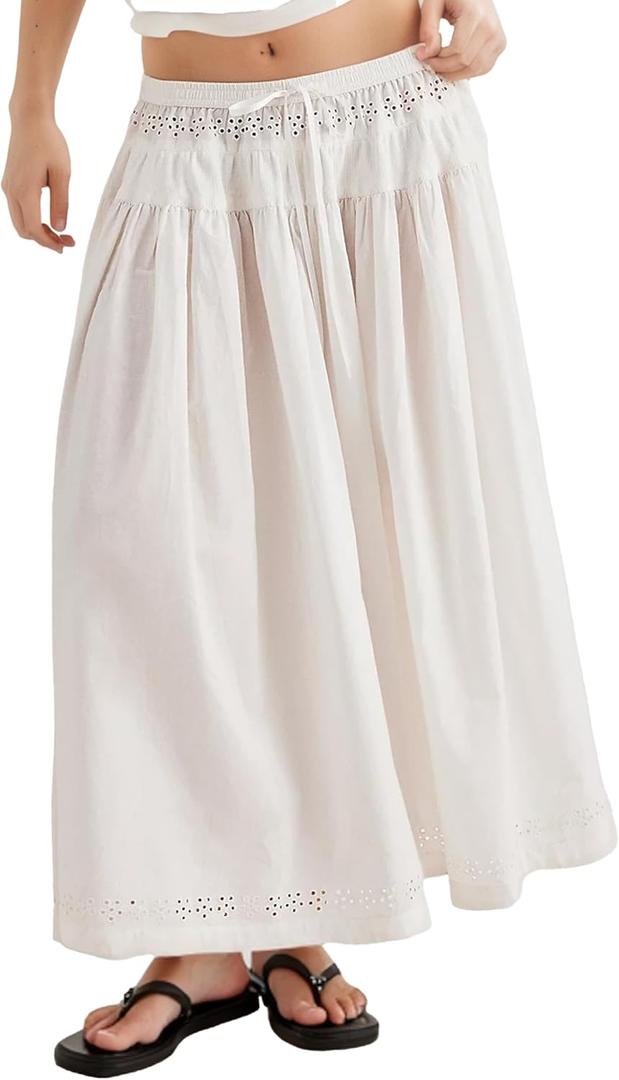 Women Summer Boho Maxi Skirt Tie Front Flowy Hollow Eyelet High Waist Long Skirts Fashion Clothes 2026