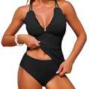 ZAFUL Swim Suits for Women 2025 Smocked Two Piece Tankinis Modest High Waisted Tummy Control Simsuits Sexy Slimming Ruched Push Up Bathing Suit Retro Ruffle Hem Full Coverage Tankini Swimwear Black M