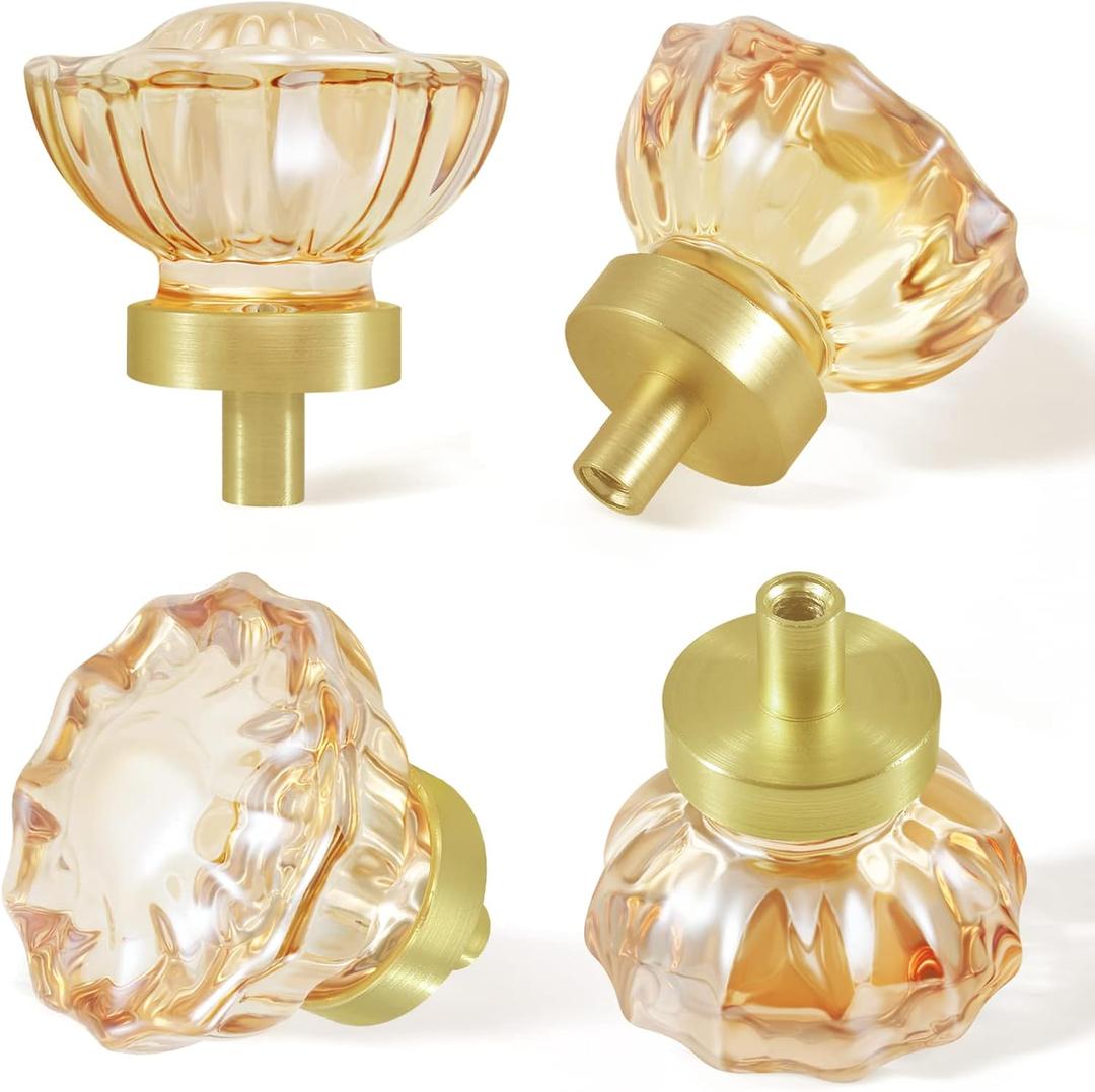 SHINY HANDLES Glass Cabinet Knobs and Pulls 4 Pack,Champagne Crystal Knobs for Dresser Drawer with Satin Brass/Brushed Gold Base