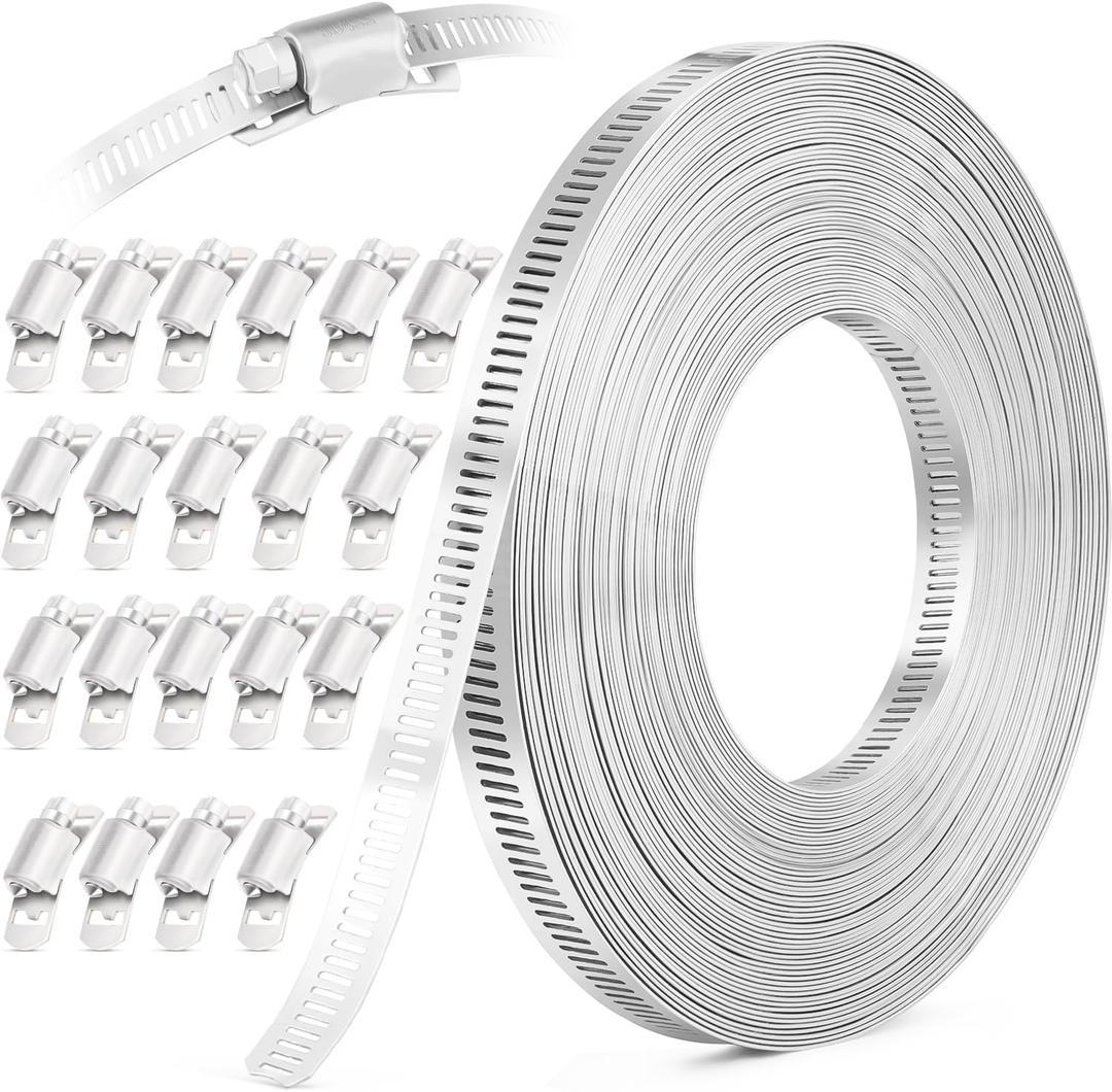 OURU 50FT Hose Clamps,304 Stainless Steel Hose Clamp Assortment Kit DIY Metal Strapping with Holes+20 Fasteners,Adjustable Worm Gear Large Hose Clamps Metal Band Screw Clamp Straps for Pipe,Duct,Tube