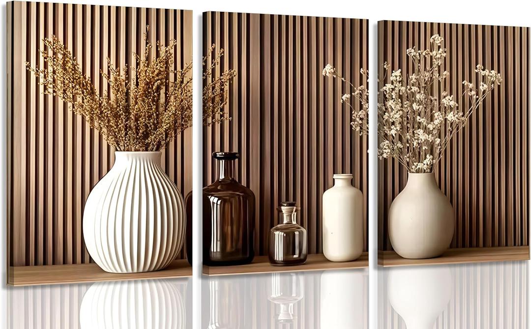 3Pcs Framed Modern Minimalist Canvas Wall Art Flowers and Vase Paintings Pictures Brown Vertical Wood Grain Background Posters Prints Natural Wabi Sabi Wall Decor for Living Room Bedroom Decoration, 16x24, Framed