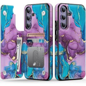 Goodon for Samsung Galaxy S24 Case Wallet - Flip Folio Leather Cover with Trendy Floral Design, 3 Card Slots & Kickstand Function, Protective Phone Case for Women and Girls - Teal Purple Marble