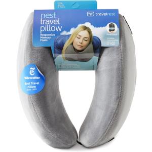TRAVELREST Nest Neck Support Pillow - Travel Essentials, Memory Foam, Compact Travel Pillow for Long Flights, Plane Sleeping Accessories, Comfortable, Compact, Washable, Attaches to Luggage - Gray  