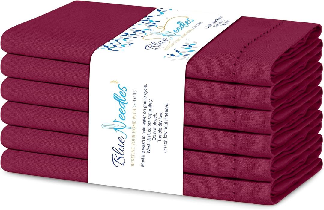 Blue Needles Set of 6 Hemstitch Linen Napkins 100% Cotton Burgundy Cloth Dinner Napkins 18x18 inches, Soft, Reusable, Absorbent, Washable, Ideal for Wedding Events, Parties & Everyday Use
