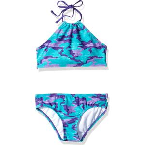 Kanu Surf Girls' Mahina UPF 50+ Beach Sport Halter Bikini 2-Piece Swimsuit (4, Erin Purple Camo)