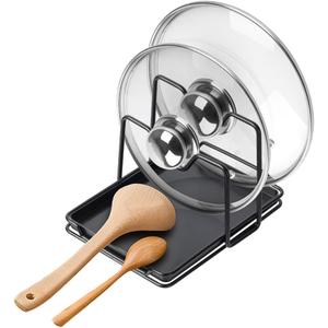 Poeland Pot Lid Holder, 2 Layers Pot Lids Organizer Multifunctional Lid and Spoon Rest Rack with Drip Tray for Lids, Spatulas, Spoons, Cutting Boards (Black)