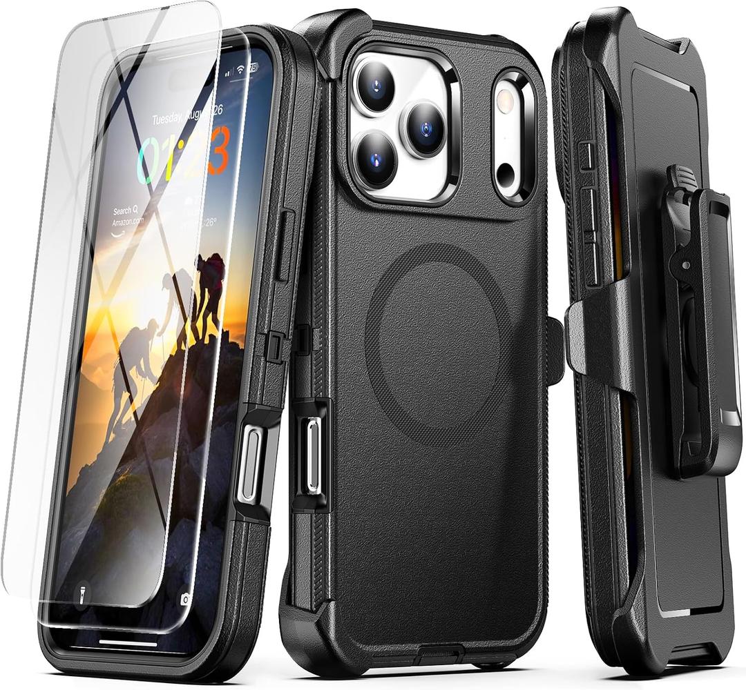 TUTUKII Compatible with iPhone 17 Pro Max Case with Belt Clip Holster, 2X Screen Protector, Shockproof, Compatible with MagSafe, 3-Layer, Heavy Duty Magnetic Phone Case Cover, 6.9", Black