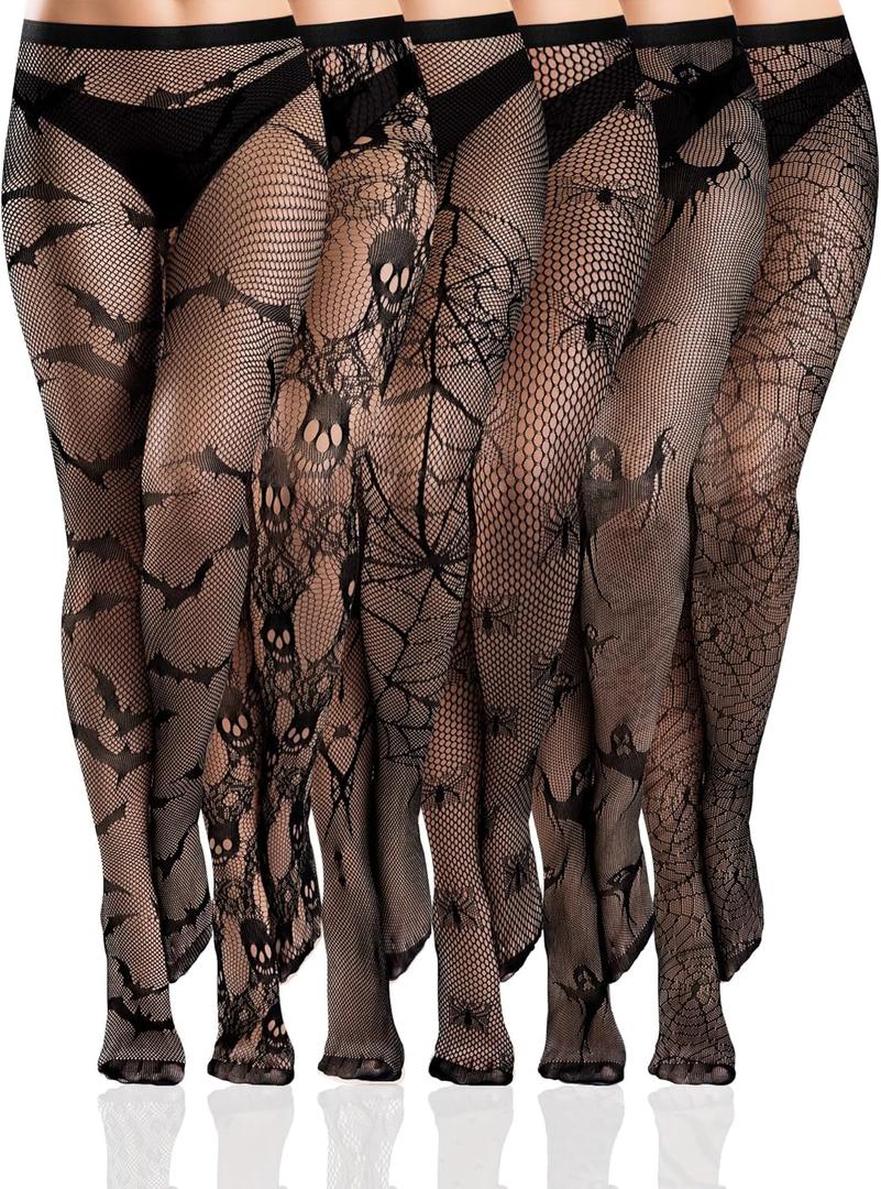 Ramede 6 Pairs Fishnet Stockings Women Lace Tights Patterned Thigh High Waist Goth Leggings Tight Pantyhose for Halloween (Medium, Bat Black)