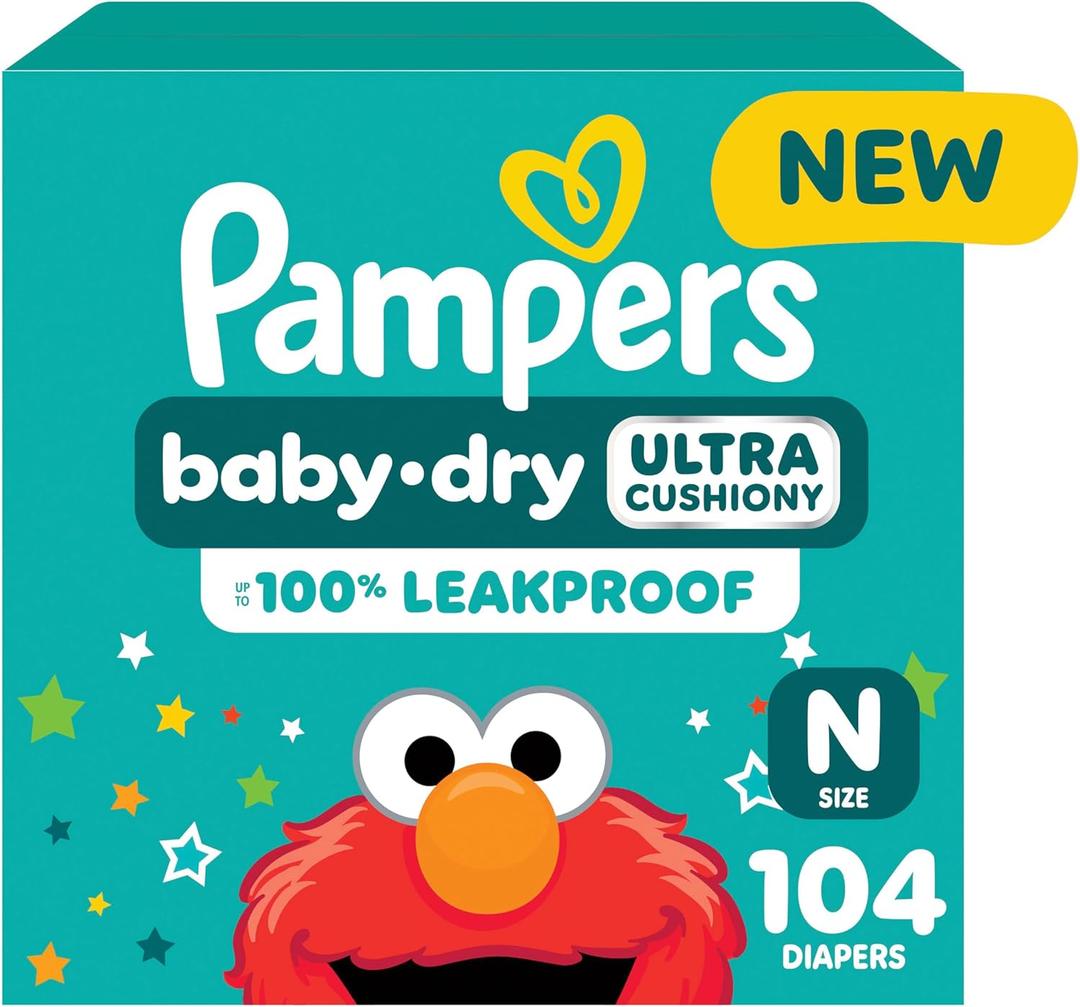 Pampers Diapers - Baby Dry - Size 0, 104 Count, Absorbent Disposable Newbort Diaper (Packaging May Vary) (Newborn)