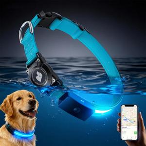 LED AirTag Dog Collar - Brightest Light Up Dog Collars - IP68 Waterproof Air Tag Dog Collar Holder - 1,600 Feet of High Visibility - Magnetic Charging - Dog Lights for Night Walking (Blue, Large)
