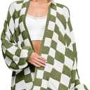 Saodimallsu Womens Checkered Oversized Cardigan Sweaters Color Block Chunky Open Front Lantern Sleeve Plaid Knit Coats, Medium -Large