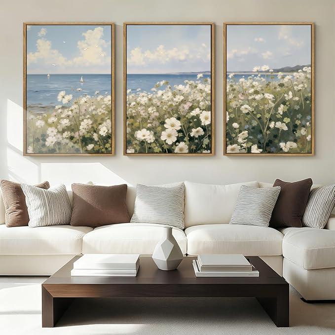 Anyzal Farmhouse Floral Wall Art Framed Coastal Wildflower Wall Decor Flower Painting 16x24 Inch Set of 3 for Living Room Bedroom Dining Room