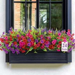 24 Bundles Artificial Flowers for Outdoors Spring Summer Decoration, UV Resistant Eucalyptus Violet and Lavender Silk Fake Plants for Outside Indoor Yard Home Patio Decor, Red Rose Purple