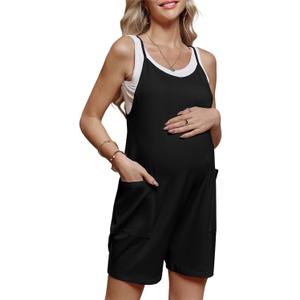 Women's Maternity Overalls Shorts Pregnancy Casual Sleeveless Jumpsuits Romper with Pocket (Black)