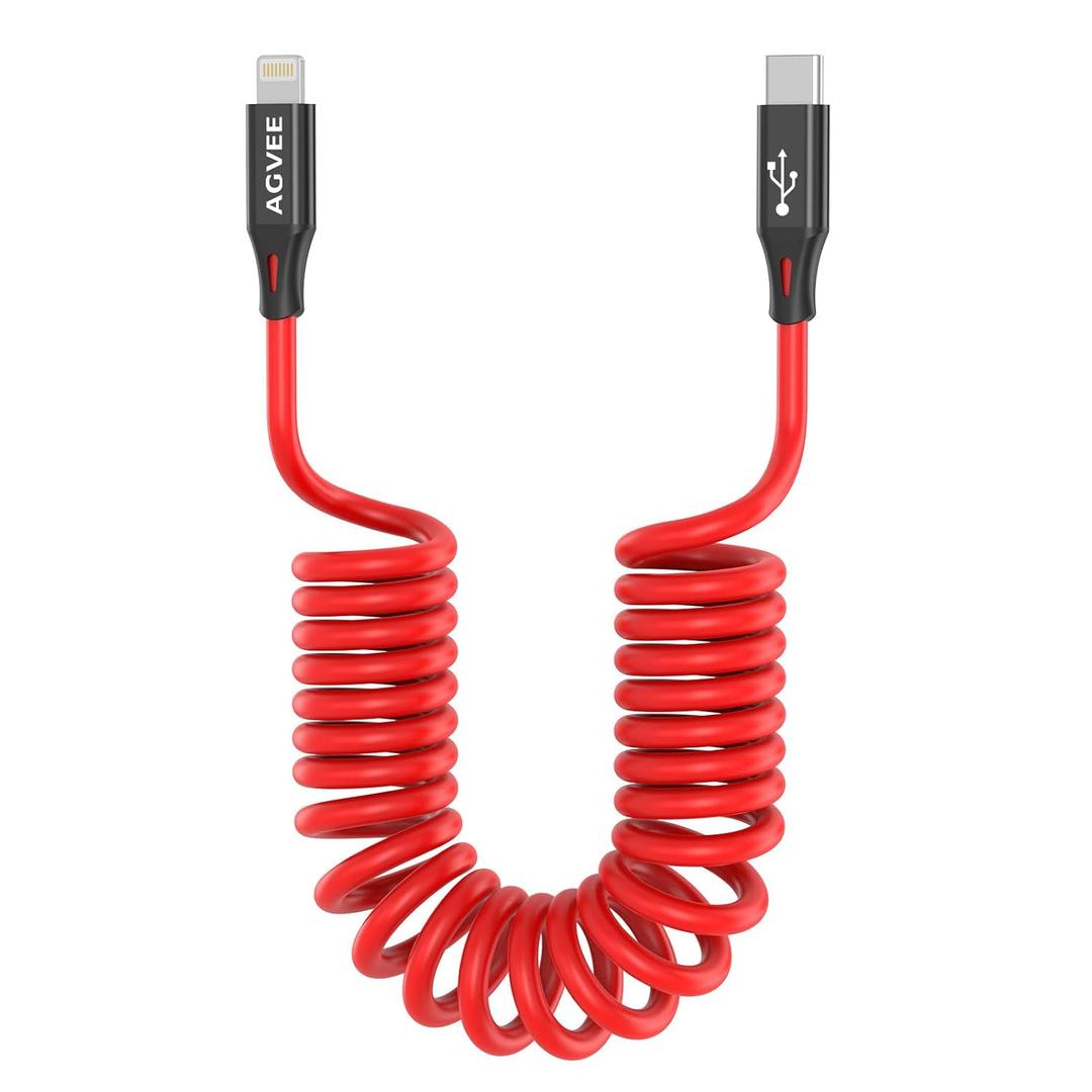 AGVEE 2 Pack 1.5ft Coiled Short USB-C to Lightning Charging Cable [MFI Certified] 30W PD Fast Charger Cord in Car for iPhone 14/13/12/11/XS/8/7/6/5 CarPlay, iPad, iPod, Red