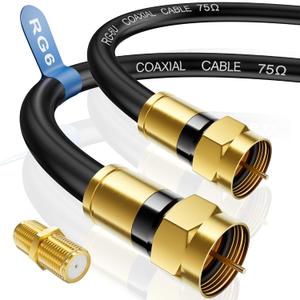 RG6 Coaxial Cable, 3FT 6FT 10FT 15FT 25FT 50FT 100FT Coax Cable Cord with Gold F-Type Connector, High Speed Internet, Digital TV Aerial for HDTV, Satellite, Antenna, Modem with Extender- 20ft (Black)