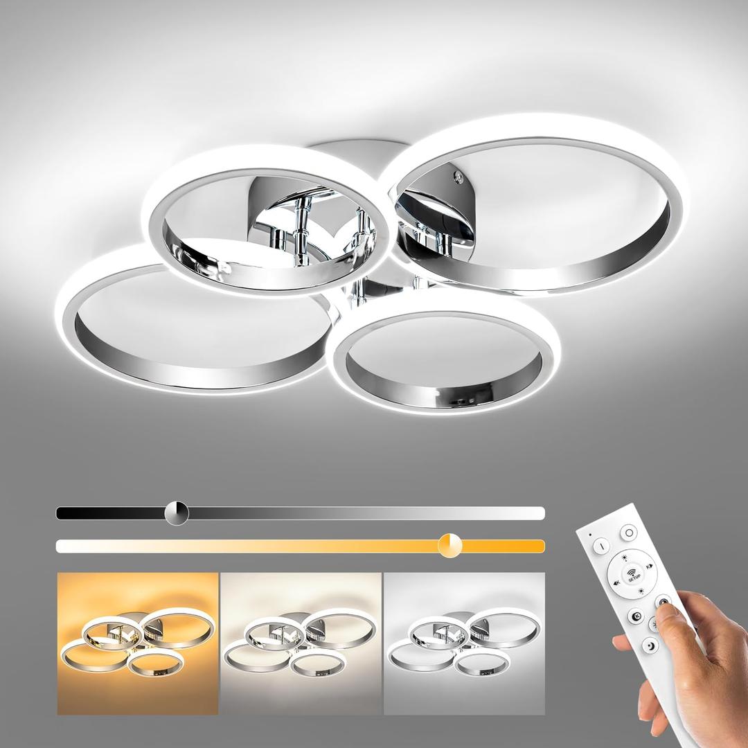 21.3in Chrome Modern LED Ceiling Light Fixture with Remote Control, 3000K-6500K 3-Color Dimming Circle Modern Ceiling Lamp Bedroom Kitchen Living Room Dining Room (4 Ring Chrome)