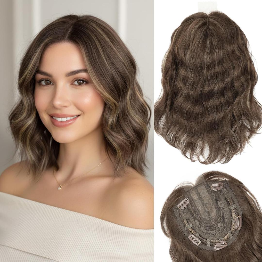 11 Inch Hair Topper for Women with Thinning Hair,Wavy Clip-In Wig Topper with Curtain Bangs, Synthetic Hairpiece for Daily Wear(Dark Ash Brown with Highlights)