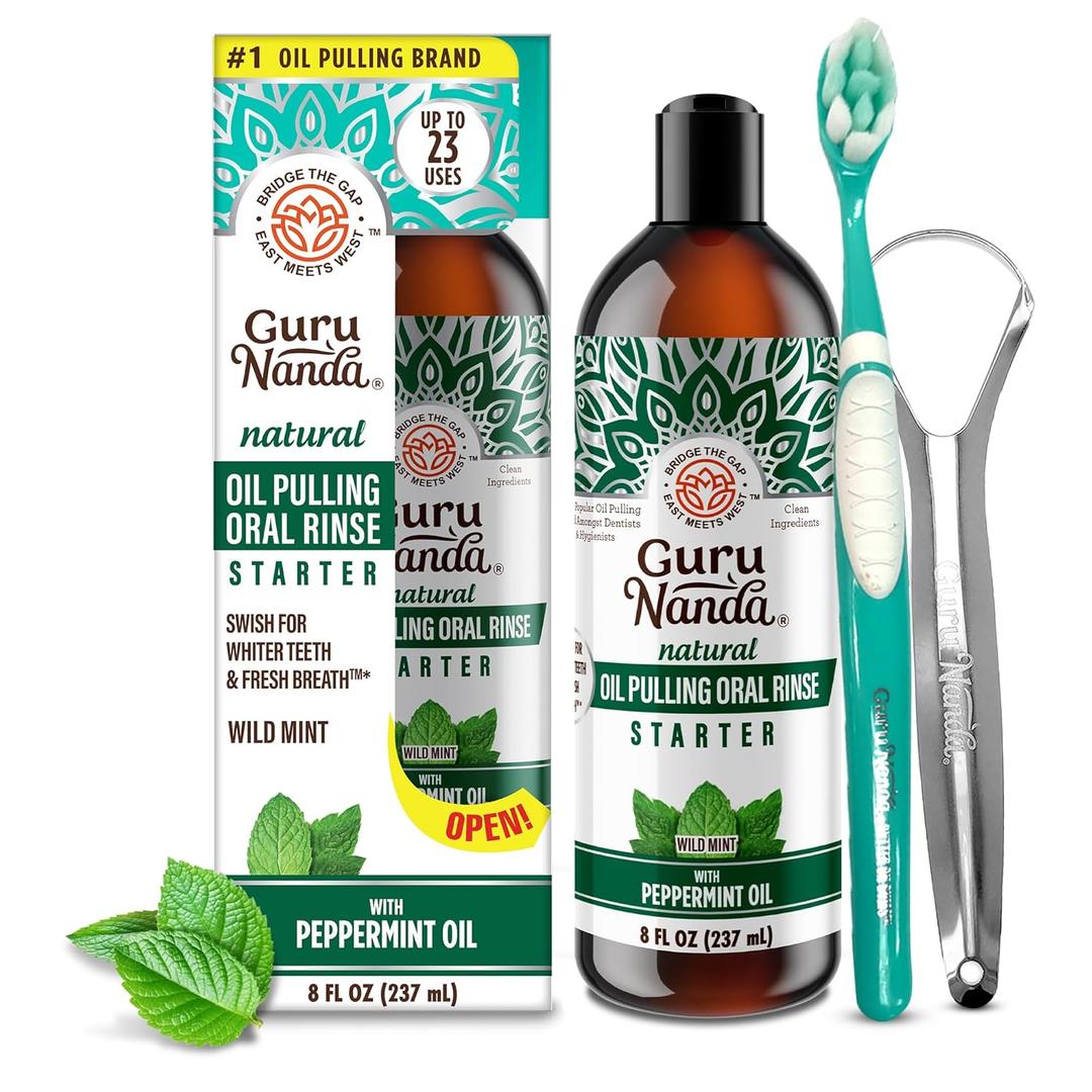 GuruNanda Starter Pulling Oil Mouthwash for Natural Teeth Whitening, Coconut and Peppermint Oil for Fresh Breath & Happy Gums, with Toothbrush & Tongue Scraper, Alcohol-Free, 8 Oz (8 Fl Oz (Pack of 1))