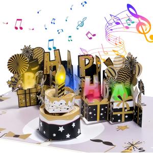 CANREVEL Birthday Cards 3D PopUp Blowable LED Light Candle Cake Music Happy Birthday Card Postcards Greeting Cards Gifts Ideas for Women, Men - Black Gold (06-black gold party-Flat)