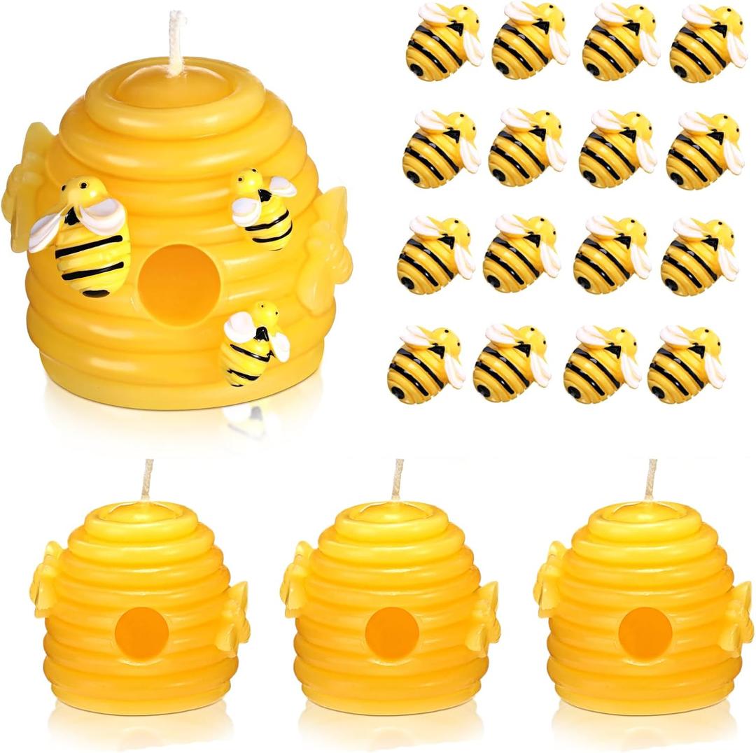 24 Pcs Beeswax Beehive Candle Set Includes 4 Honeycomb Shaped Votive Candles and 20 Tiny Resin Bee Fake Bees Hive Decor for Home Decoration Gifts Favors DIY Crafts Scrapbooking(Classic)