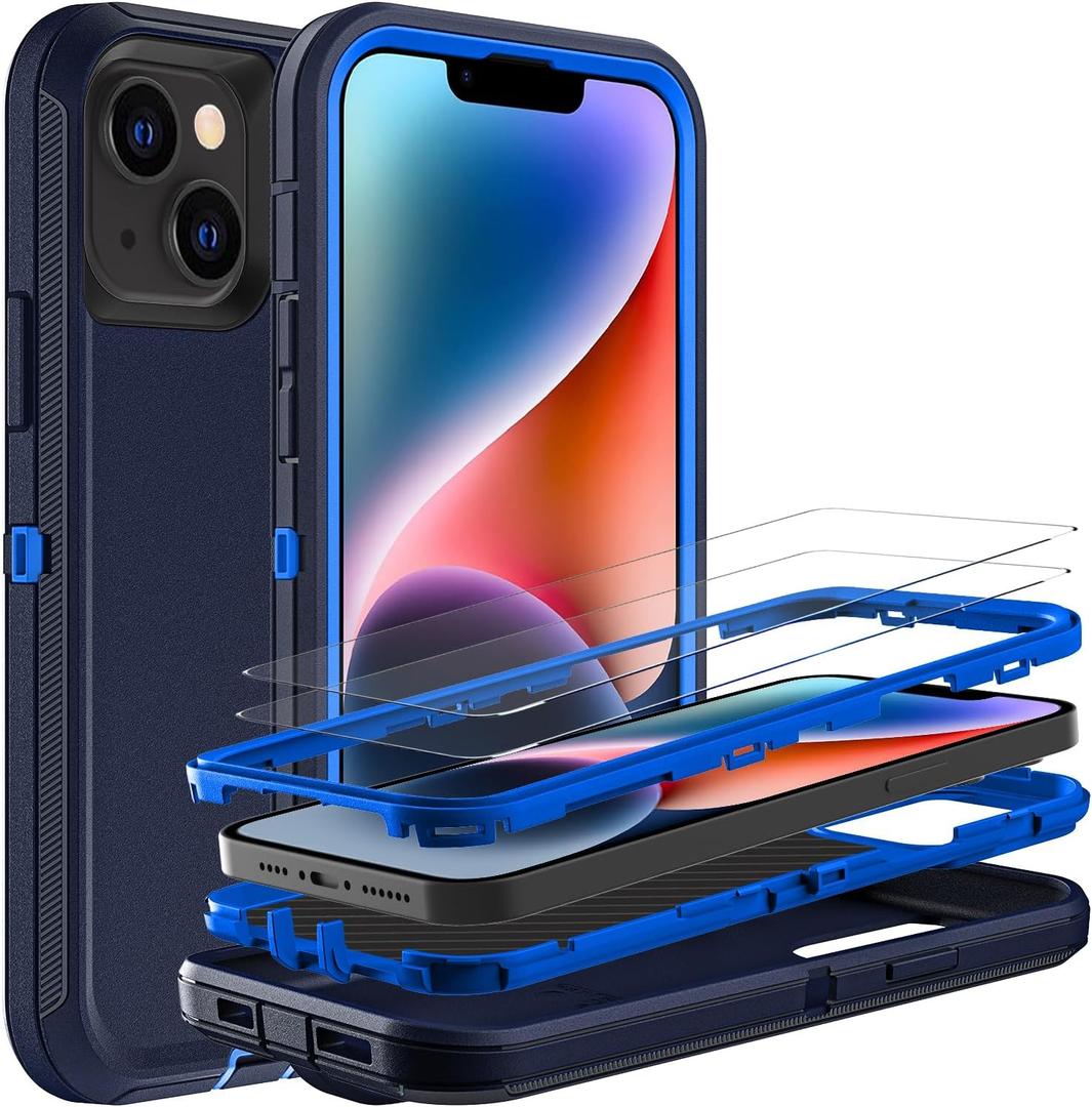 for iPhone 14 Plus Case, Military Grade 3 in 1 Heavy Duty Shockproof/Drop Proof/Dust Proof Case with 2Pcs Tempered Glass Screen Protector (Navy Blue)